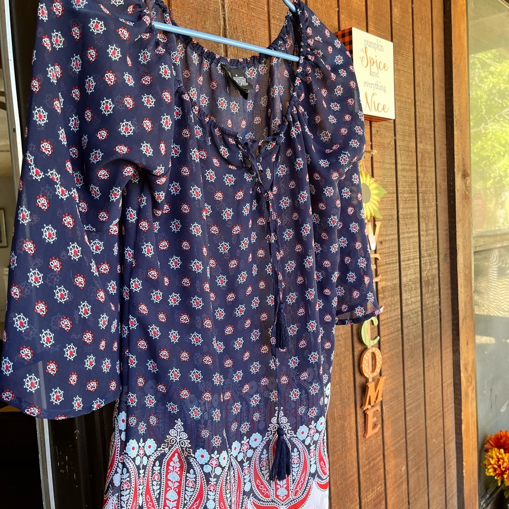 Navy and Red Patterned Blouse